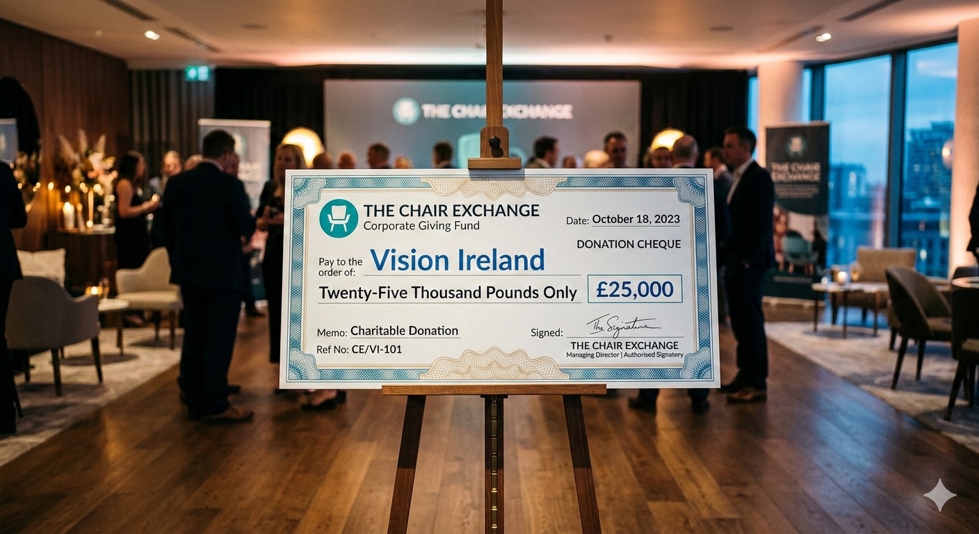 The Chair Exchange presenting a £25,000 donation cheque to Vision Ireland — charitable impact from surplus office furniture